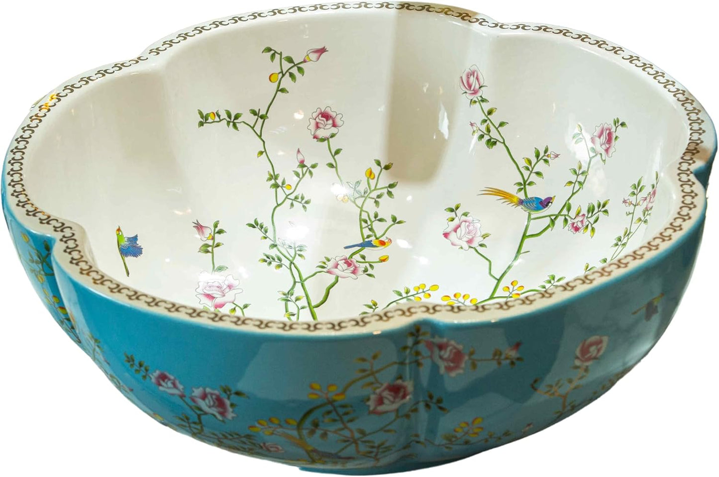 Ceramic Bathroom Vessel Sink Bowl White Color Art Above Counter Vanity Wash Basin with Flower Shape and Flower Bird Pattern,1Sink Only
