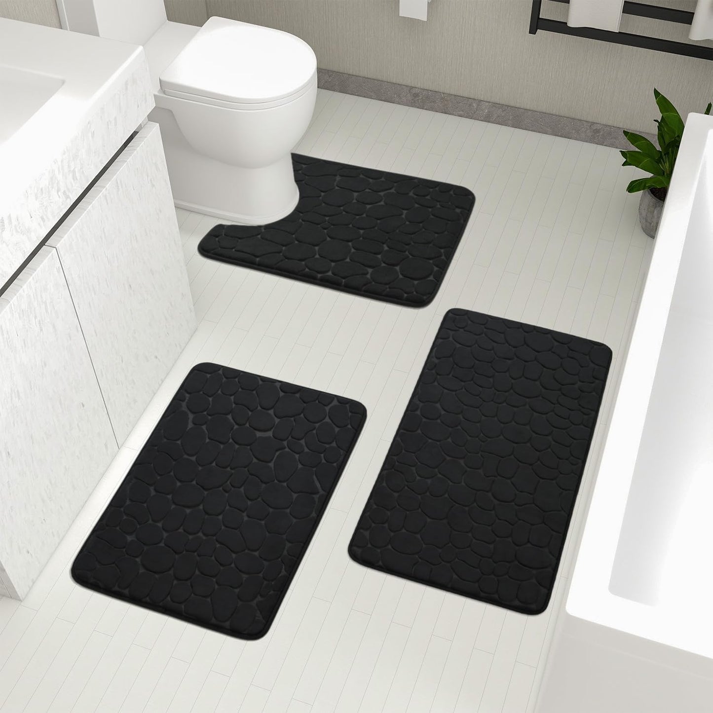 YIHOUSE Bathroom Rugs Set, 5 Piece Cobblestone Memory Foam Mats, Extra Thick Non Slip, Water Absorbent, Washable Teal Bath Rugs for Tub, Toilet and Floor