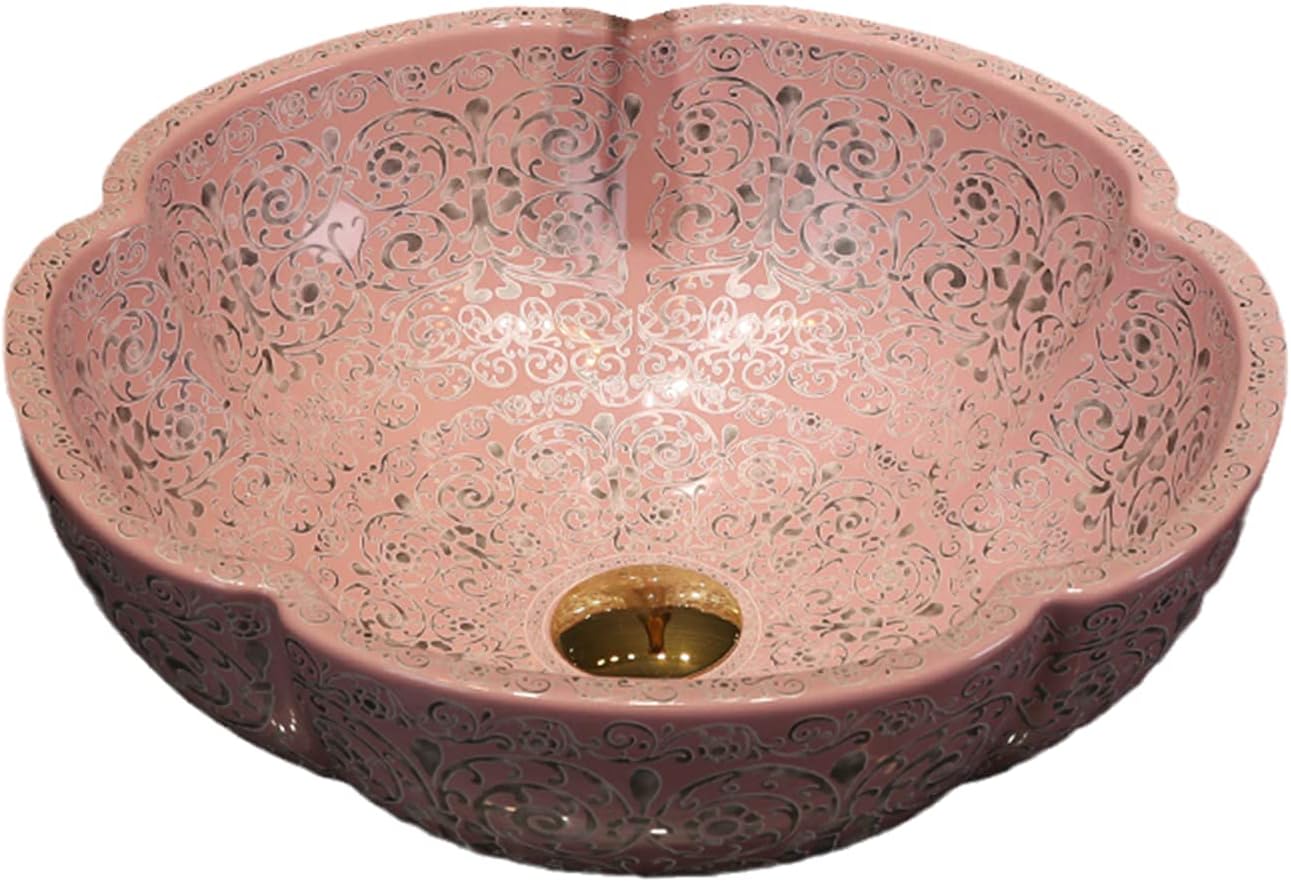 Ceramic Bathroom Vessel Sink Bowl White Color Art Above Counter Vanity Wash Basin with Flower Shape and Flower Bird Pattern,1Sink Only