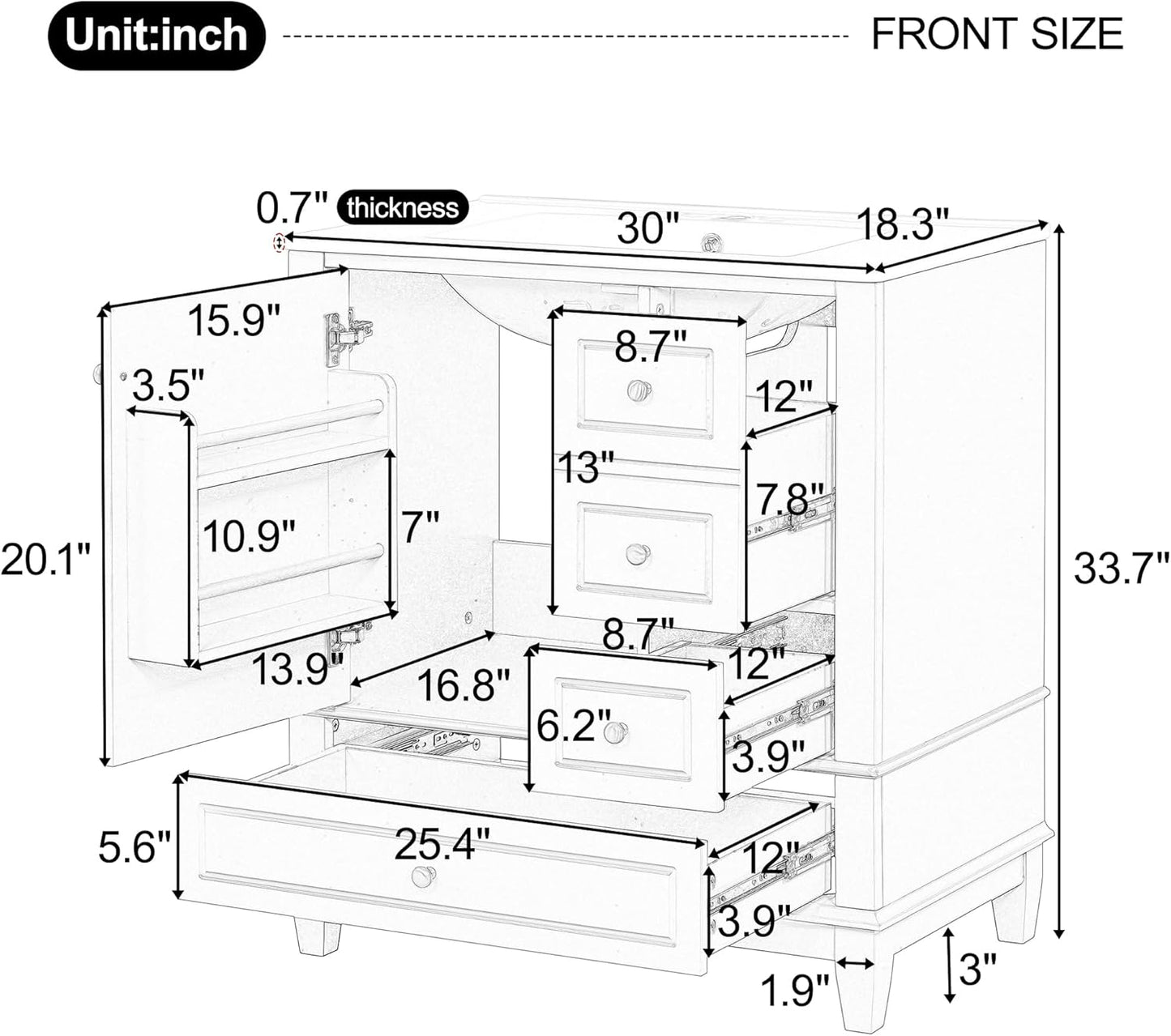 30" Bathroom Vanities with Ceramic Sink, Storage Cabinet with 3 Drawers and Door Shelf, Soft-Closing Door, Solid Wood Legs, Black