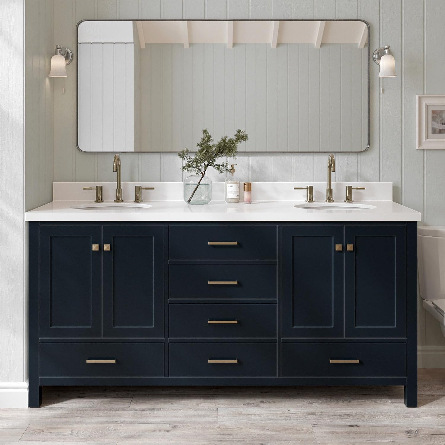 ARIEL Double Bathroom Vanity 73" Espresso with 1.5" Edge Pure White Quartz Countertop & Splash, Rectangular Sinks, 4 Soft Closing Doors, 6 Full Extension Dovetail Drawers, Brushed Nickel