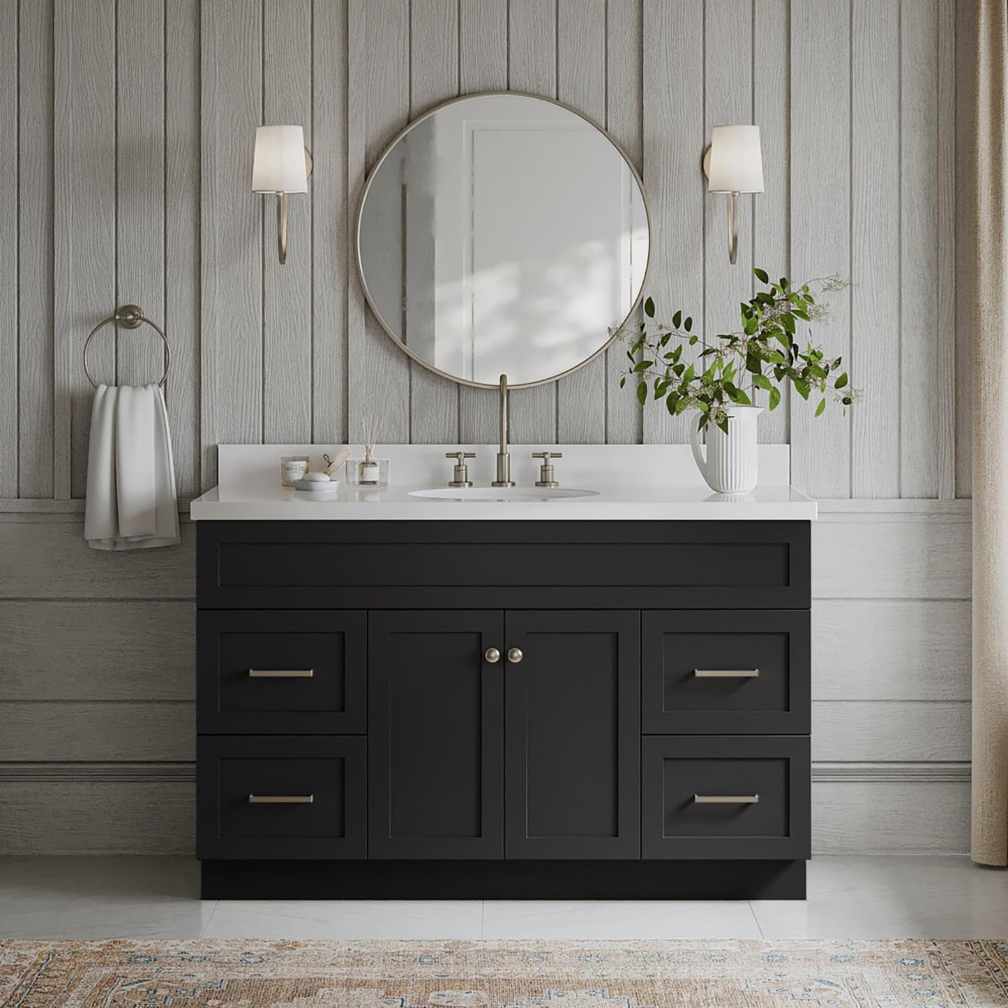 DKB Bradford Series 54" Inch Bathroom Base Cabinet in Black, Center Sink Configuration, Built in Toe Kick, 2 Soft Closing Doors, 4 Full Extension Dovetail Drawers