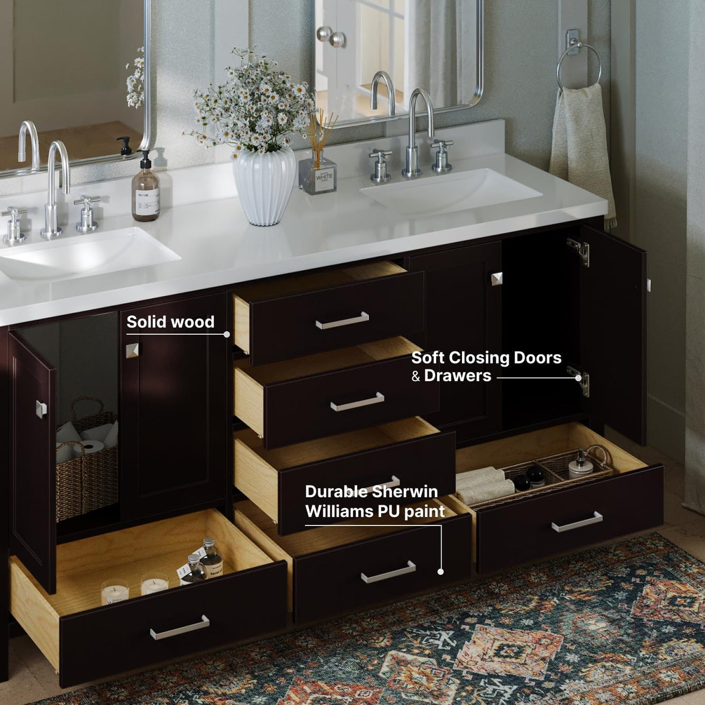 ARIEL Double Bathroom Vanity 73" Espresso with 1.5" Edge Pure White Quartz Countertop & Splash, Rectangular Sinks, 4 Soft Closing Doors, 6 Full Extension Dovetail Drawers, Brushed Nickel