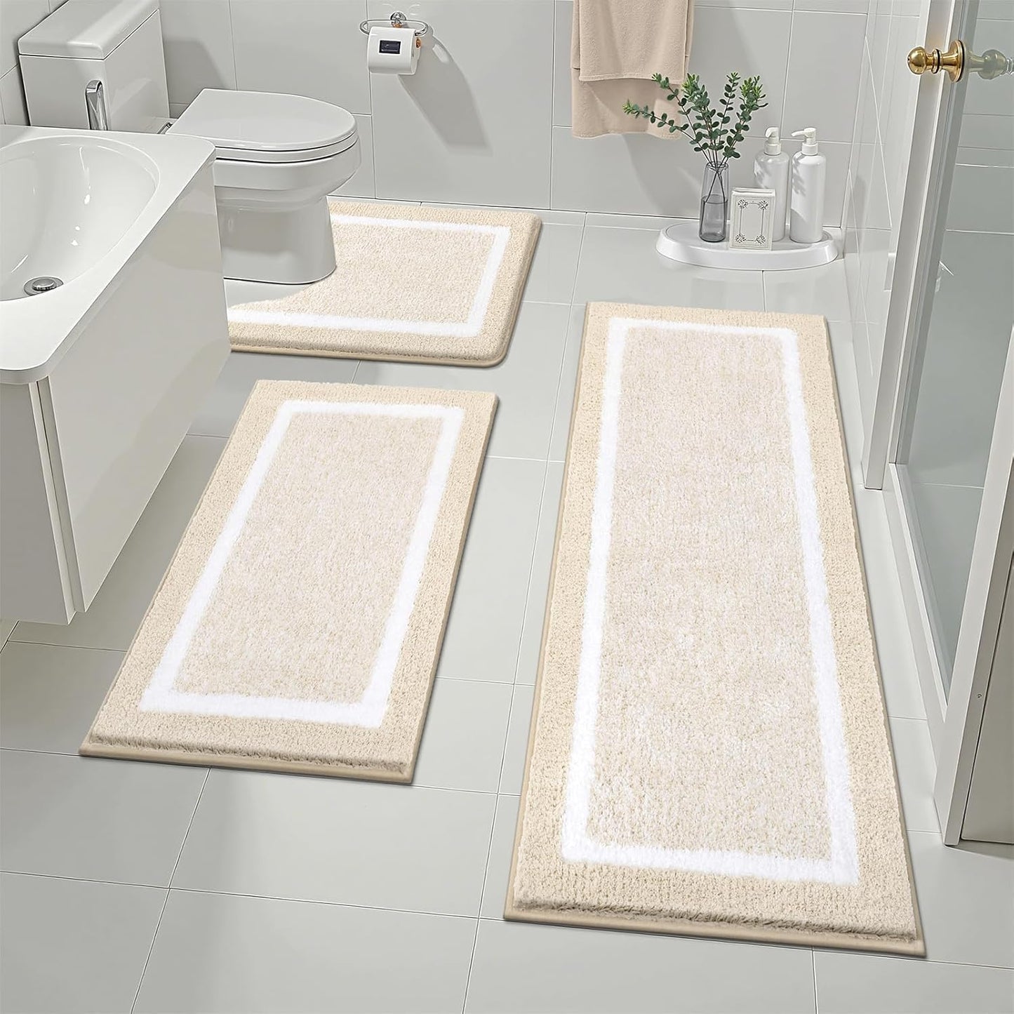Pauwer 3 Pieces Bathroom Rugs Sets, Ultra Soft Non-Slip Mats, Microfiber Absorbent Bath Rugs with U-Shaped Toilet Rug for Bath Floor, Tub, Shower, Blue
