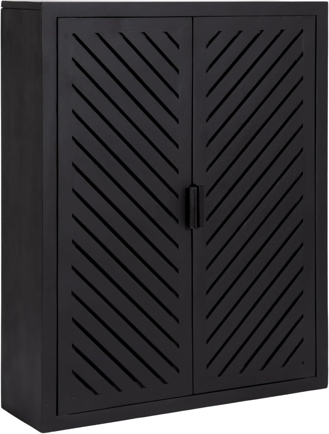 Kate and Laurel Mezzeta Decorative Modern Two-Door Floating Bathroom Cabinet; 22 x 7 x 28; Black; Decorative Over Toilet Storage Cabinet Made from Solid Mango Wood with Slatted Chevron Design