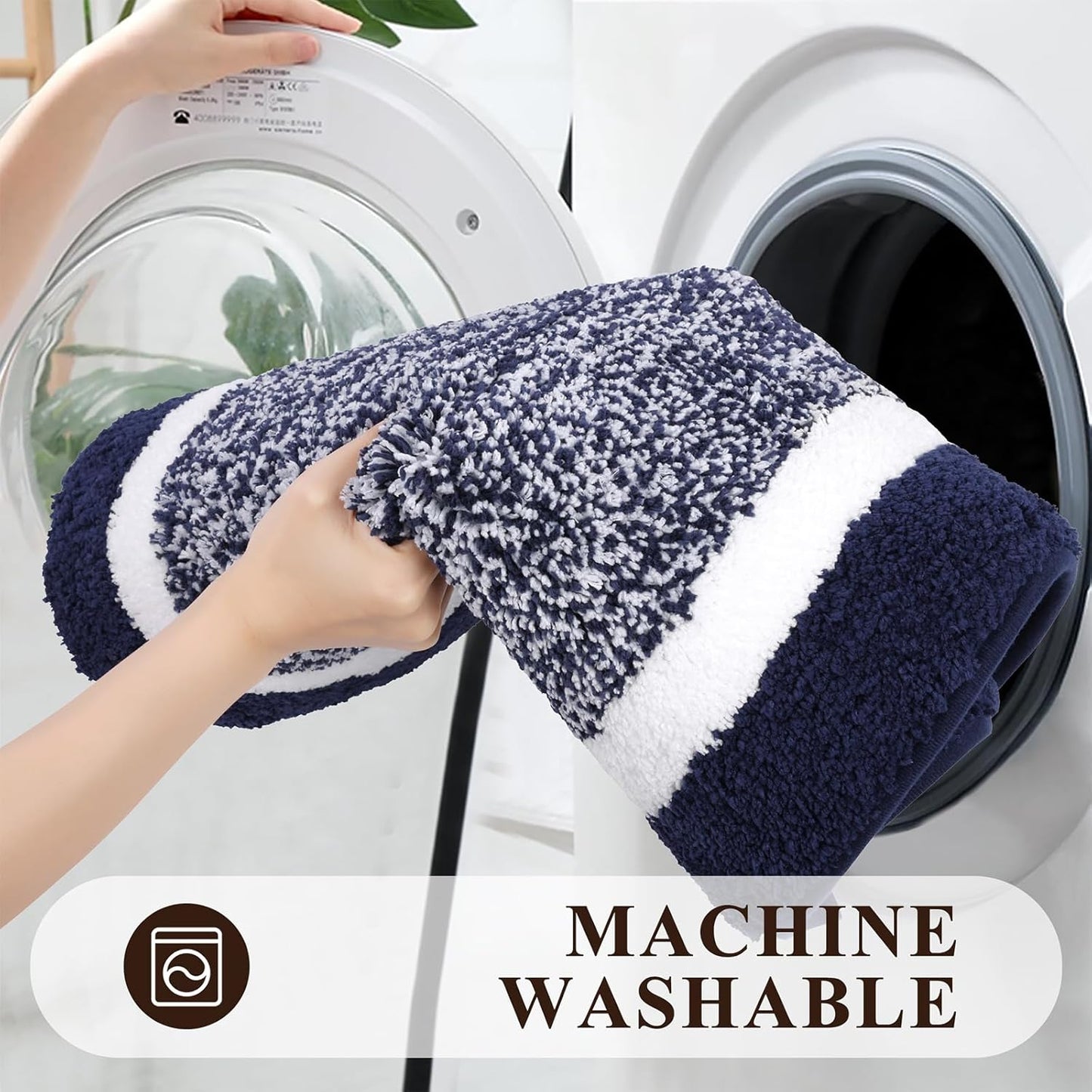 Pauwer Bathroom Rugs Set 5 Piece, Plush Absorbent Microfiber Bath Mats for Bathroom, Non Slip Washable Bath Rug Set with U Shaped Contour Toilet Rugs, Shower Rug and Toilet Lid Cover, Navy Blue