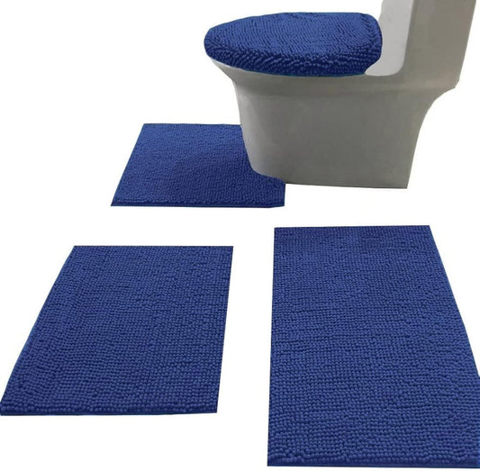 Madeals Bath Rug Set Combo 4 Piece with Toilet Lid Cover, Soft Shaggy Bath Rug Set 3 Piece and U-Shaped Toilet Floor Rug Navy Blue