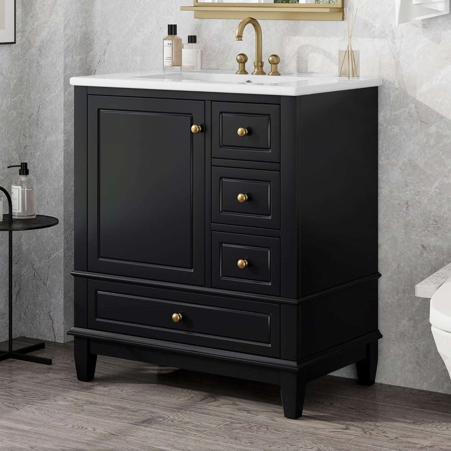 30" Bathroom Vanities with Ceramic Sink, Storage Cabinet with 3 Drawers and Door Shelf, Soft-Closing Door, Solid Wood Legs, Black