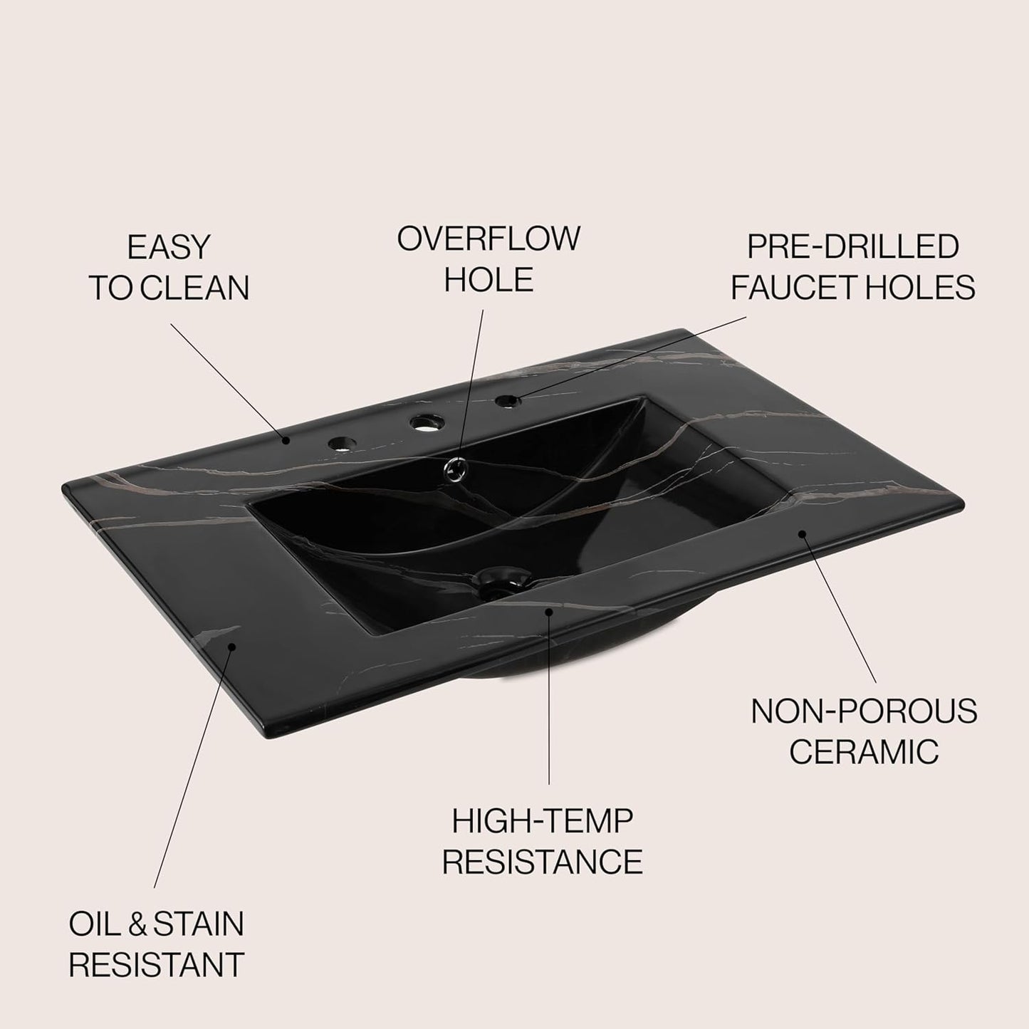 JONATHAN Y SNK1002D Ancillary 3-Hole 30 in. W x 18.25 in. D Classic Contemporary Rectangular Ceramic Single Sink Basin Vanity Top, Black Marble Effect
