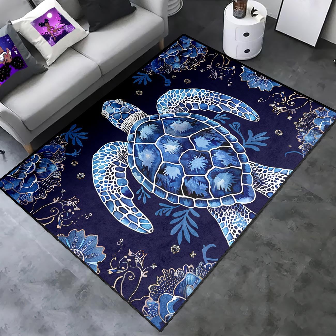 Sea Turtle Rug - Ocean Animal Theme Area Rug Blue Turtle Coral Printted Carpet Sea Animal Underwater Carpet Sea Turtle Mat for Kids Bedroom Living Room Decor,3'×5'