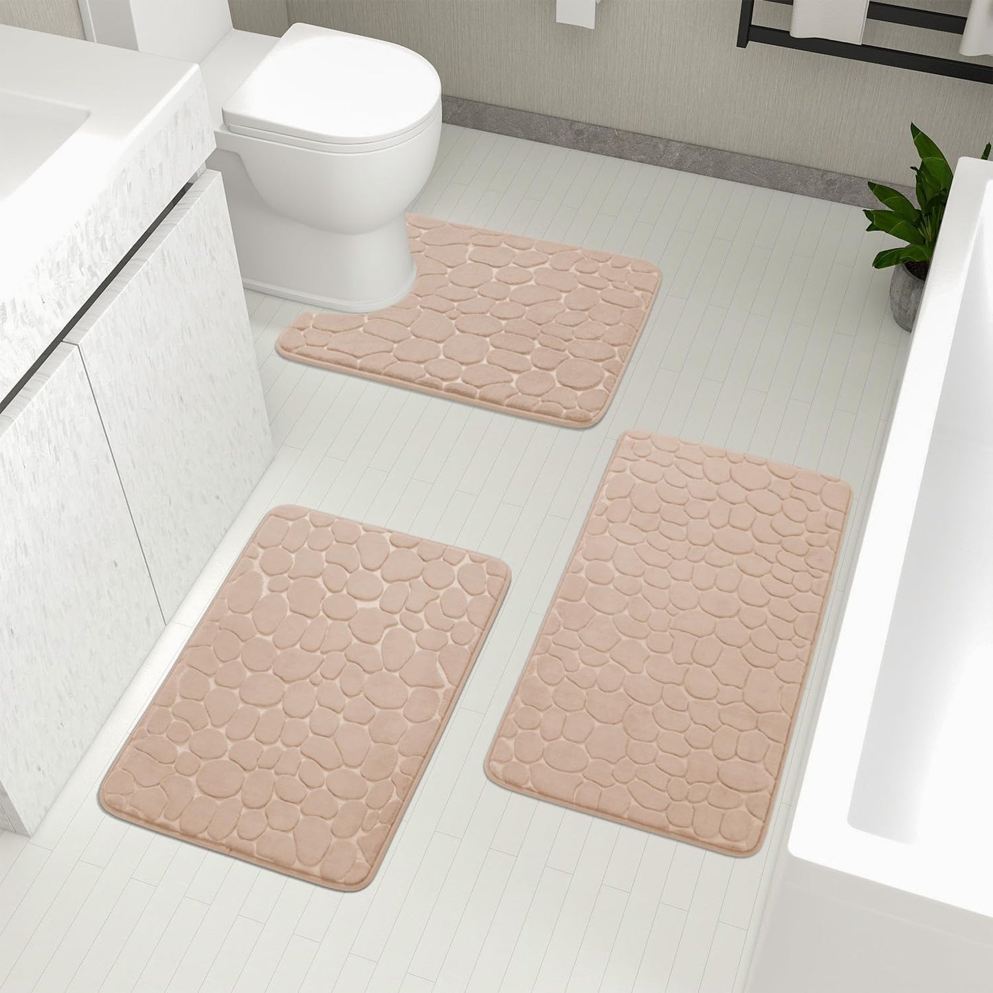 YIHOUSE Bathroom Rugs Set, 5 Piece Cobblestone Memory Foam Mats, Extra Thick Non Slip, Water Absorbent, Washable Teal Bath Rugs for Tub, Toilet and Floor