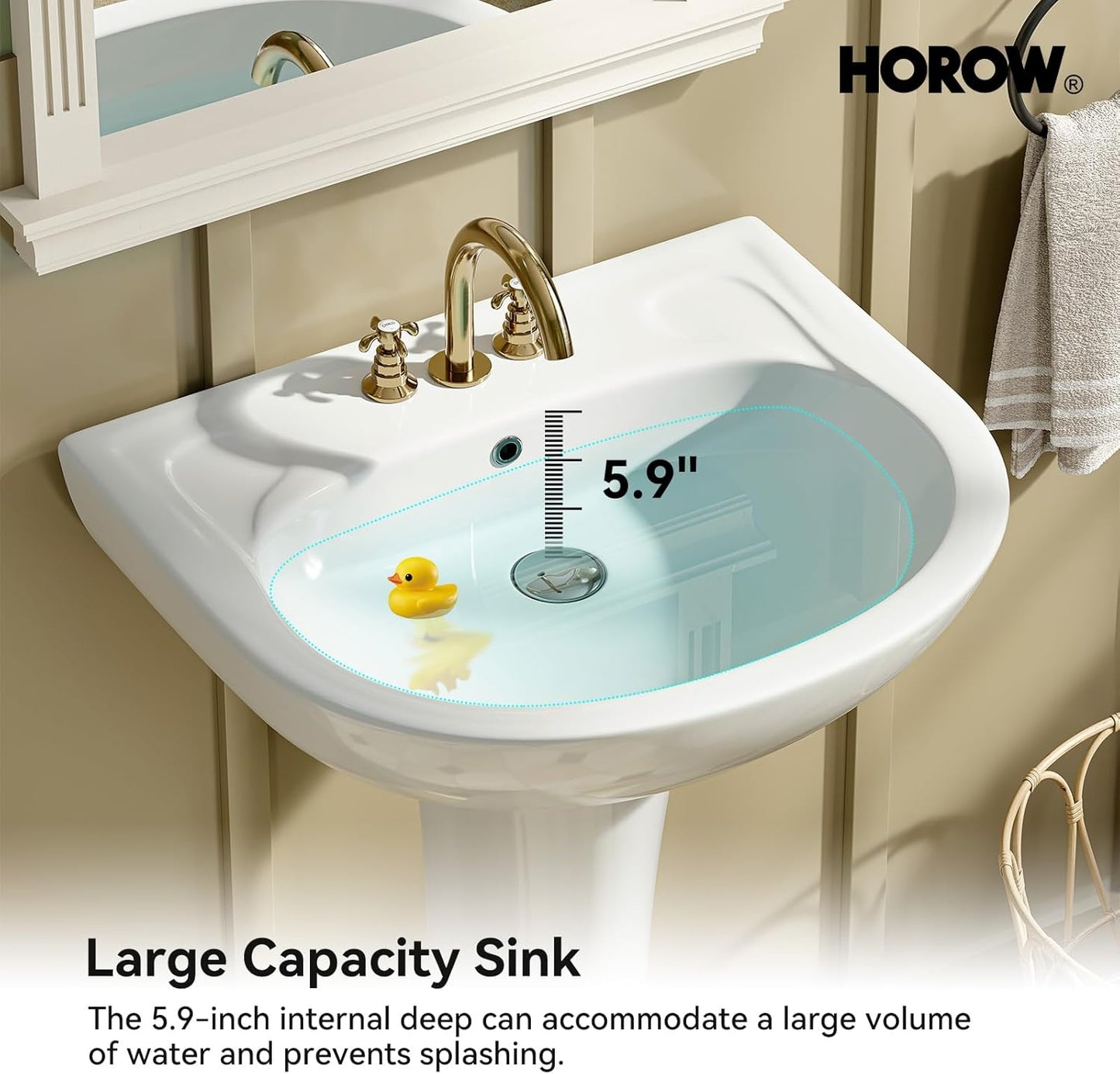 HOROW 22"W x 19"D U-Shape Pedestal Sink, White Ceramic Pedestal Bathroom Sink with Overflow and 3 Pre-Drilled Holes, Modern Bath Pedestal Sink Combo