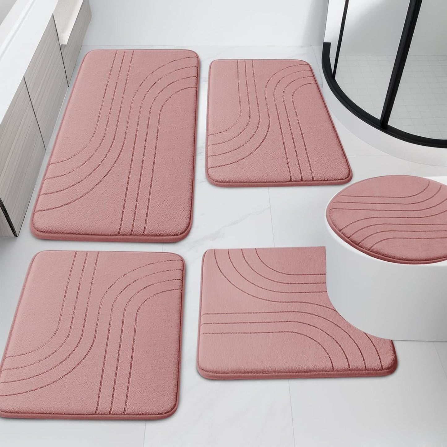 YIHOUSE Blue Bathroom Rug Set 5 Pieces, Soft Non Slip Memory Foam Bath Mats, Extra Thick Bath Mats for Bathroom, Machine Washable Bath Rugs Set for Tub, Toilet and Floor