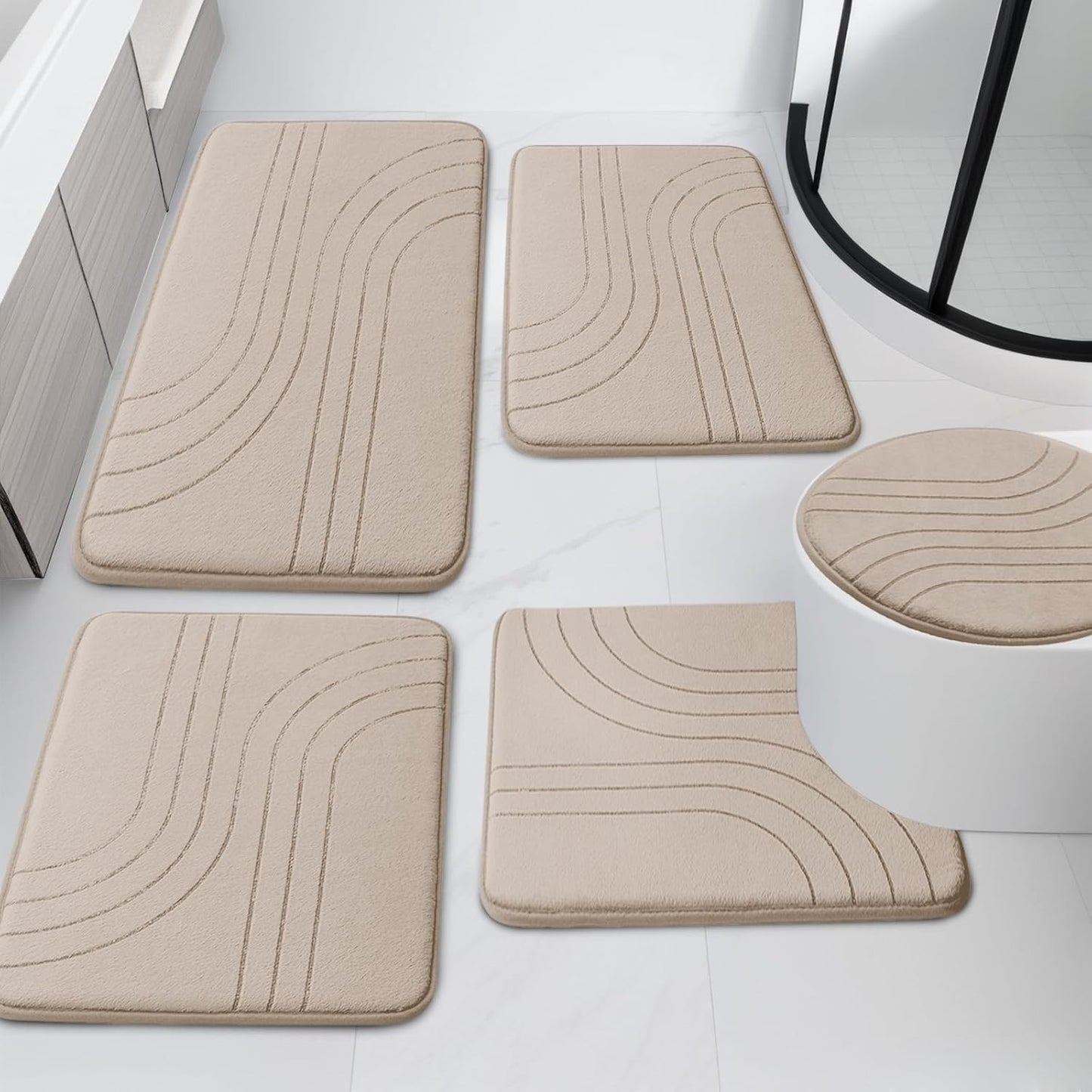 YIHOUSE Blue Bathroom Rug Set 5 Pieces, Soft Non Slip Memory Foam Bath Mats, Extra Thick Bath Mats for Bathroom, Machine Washable Bath Rugs Set for Tub, Toilet and Floor