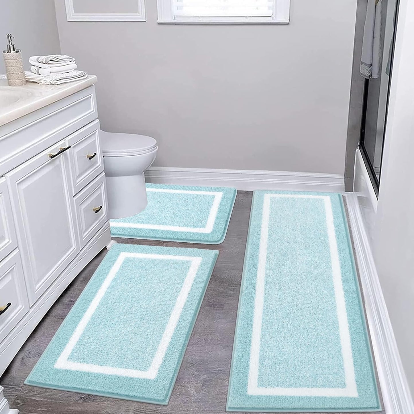 Pauwer 3 Pieces Bathroom Rugs Sets, Ultra Soft Non-Slip Mats, Microfiber Absorbent Bath Rugs with U-Shaped Toilet Rug for Bath Floor, Tub, Shower, Blue