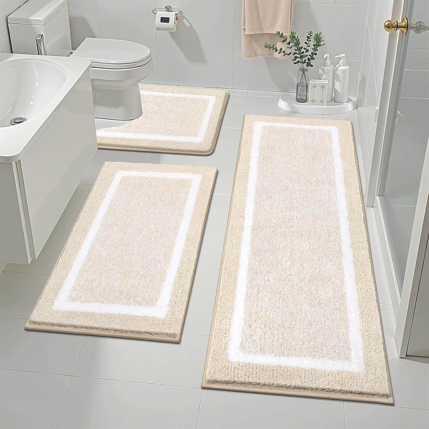 Pauwer 3 Pieces Bathroom Rugs Sets, Ultra Soft Non-Slip Mats, Microfiber Absorbent Bath Rugs with U-Shaped Toilet Rug for Bath Floor, Tub, Shower, Blue