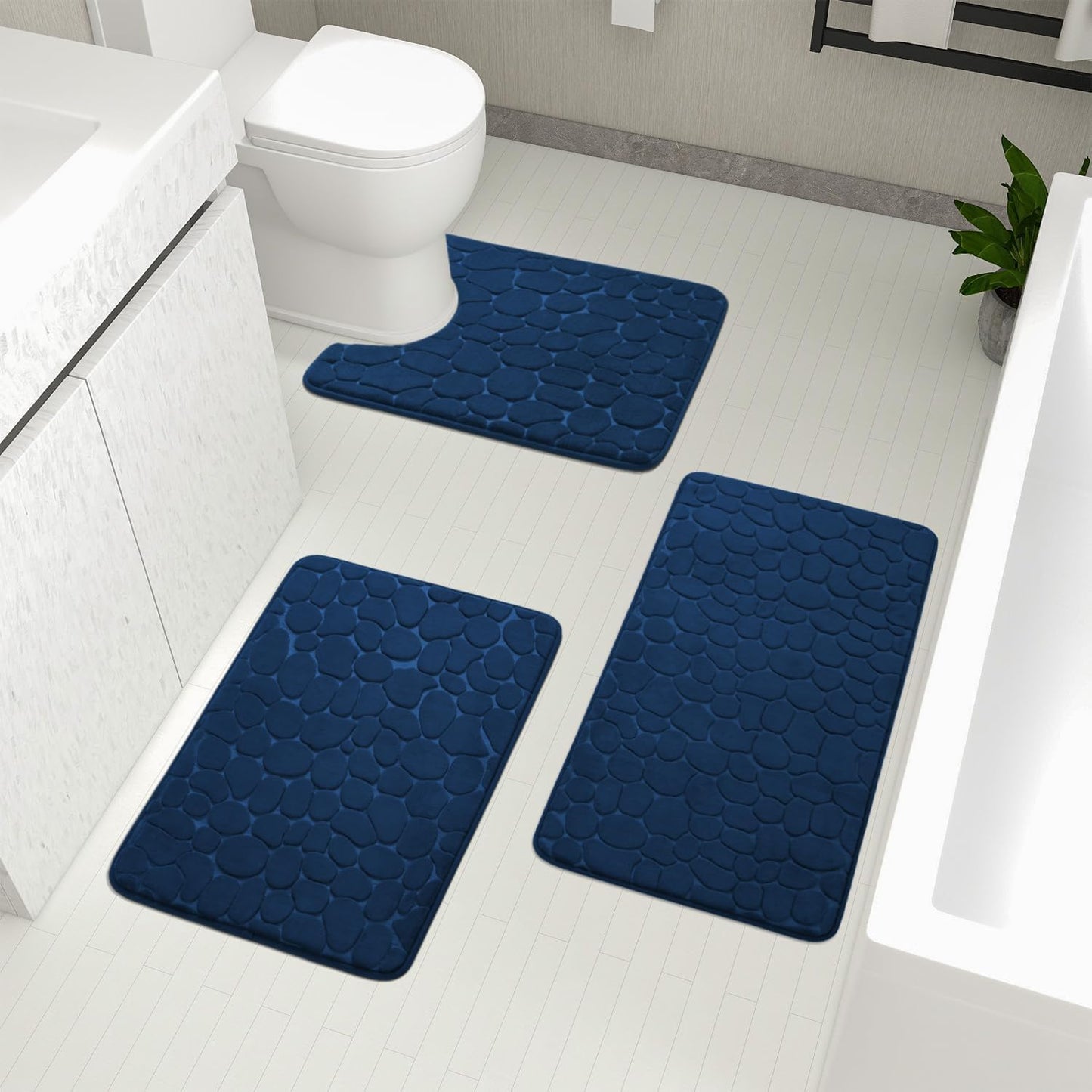 YIHOUSE Bathroom Rugs Set, 5 Piece Cobblestone Memory Foam Mats, Extra Thick Non Slip, Water Absorbent, Washable Teal Bath Rugs for Tub, Toilet and Floor