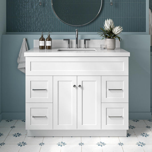 ARIEL Hamlet 43 Inch Single Sink Bathroom Vanity in White, 1.5" Edge Quartz Top, Solid Wood, Rectangular Sink, 2 Soft Closing Doors, 4 Full Extension Dovetail Drawers, Toe Kick