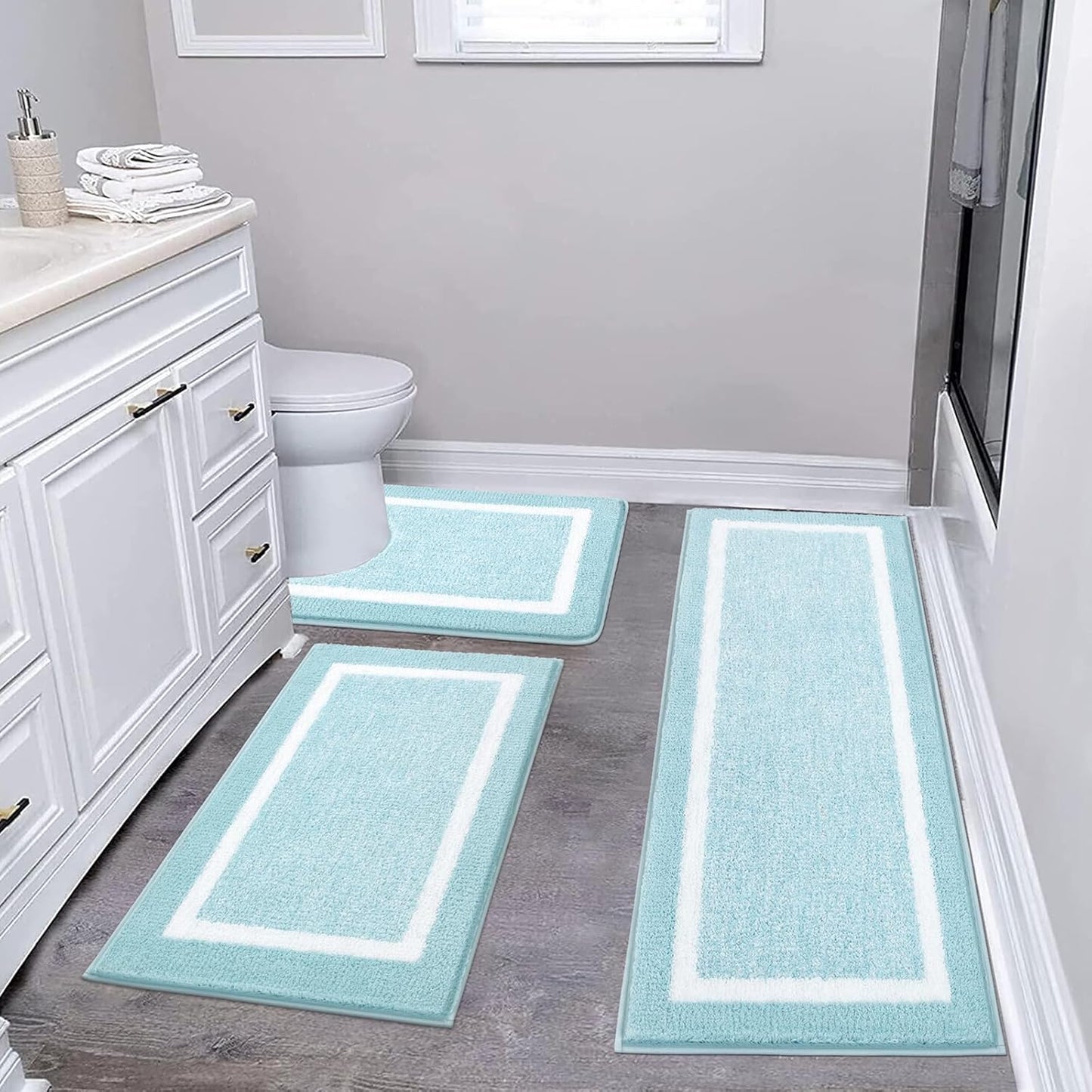 Pauwer 3 Pieces Bathroom Rugs Sets, Ultra Soft Non-Slip Mats, Microfiber Absorbent Bath Rugs with U-Shaped Toilet Rug for Bath Floor, Tub, Shower, Blue