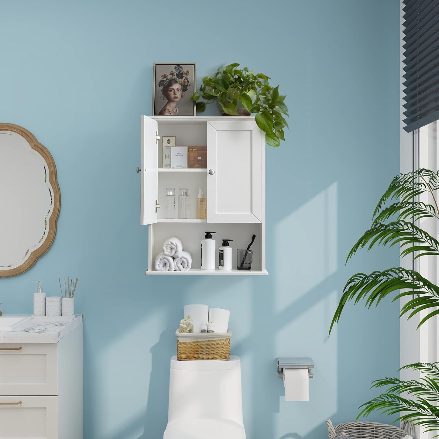 White Bathroom Wall Cabinet Over The Toilet Storage Cabinet, 24x30 Inch Wood Medicine Cabinets Wall Mounted Bathroom Cabinet with Doors for Laundry Room, Bedroom Kitchen