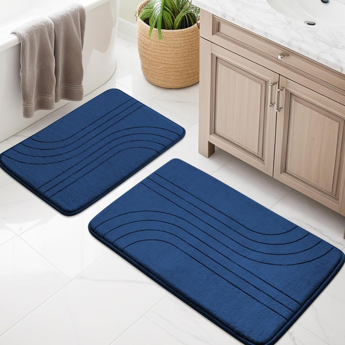YIHOUSE Blue Bathroom Rug Set 5 Pieces, Soft Non Slip Memory Foam Bath Mats, Extra Thick Bath Mats for Bathroom, Machine Washable Bath Rugs Set for Tub, Toilet and Floor