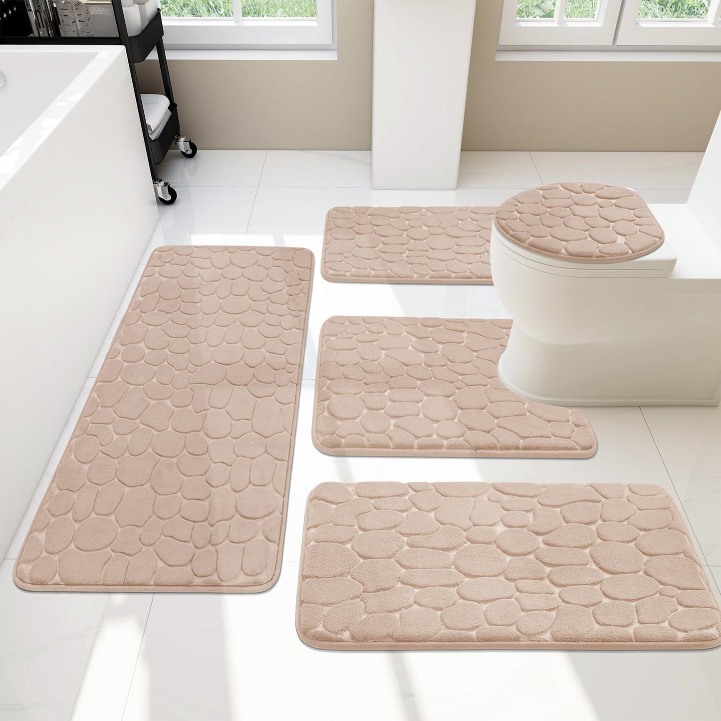 YIHOUSE Bathroom Rugs Set, 5 Piece Cobblestone Memory Foam Mats, Extra Thick Non Slip, Water Absorbent, Washable Teal Bath Rugs for Tub, Toilet and Floor