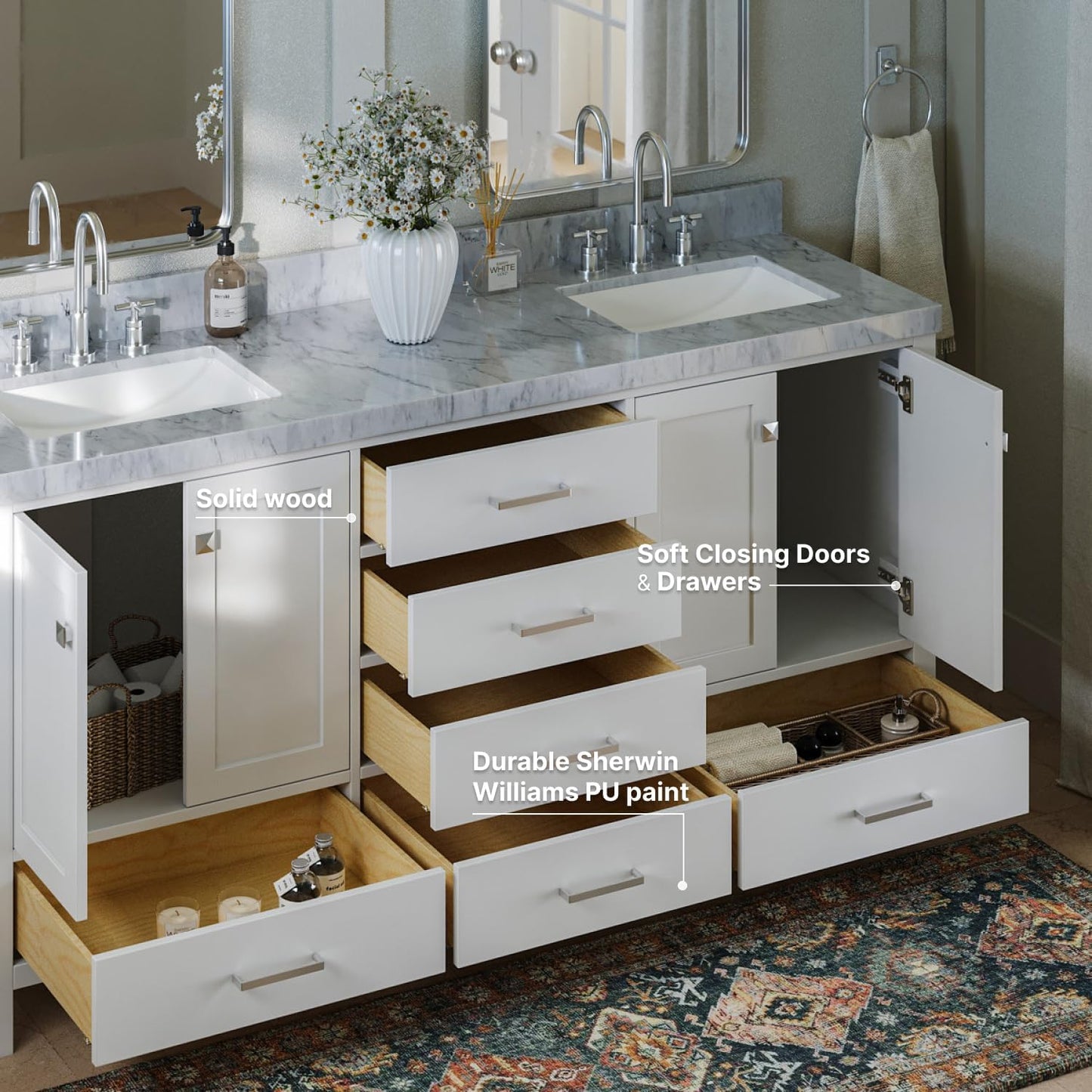 ARIEL 72" White Double Vanity, 2" Edge Italian Carrara Marble Countertop & Splash, Rectangular Sinks, 4 Soft Closing Doors, 6 Full Extension Dovetail Drawers, Brushed Nickel