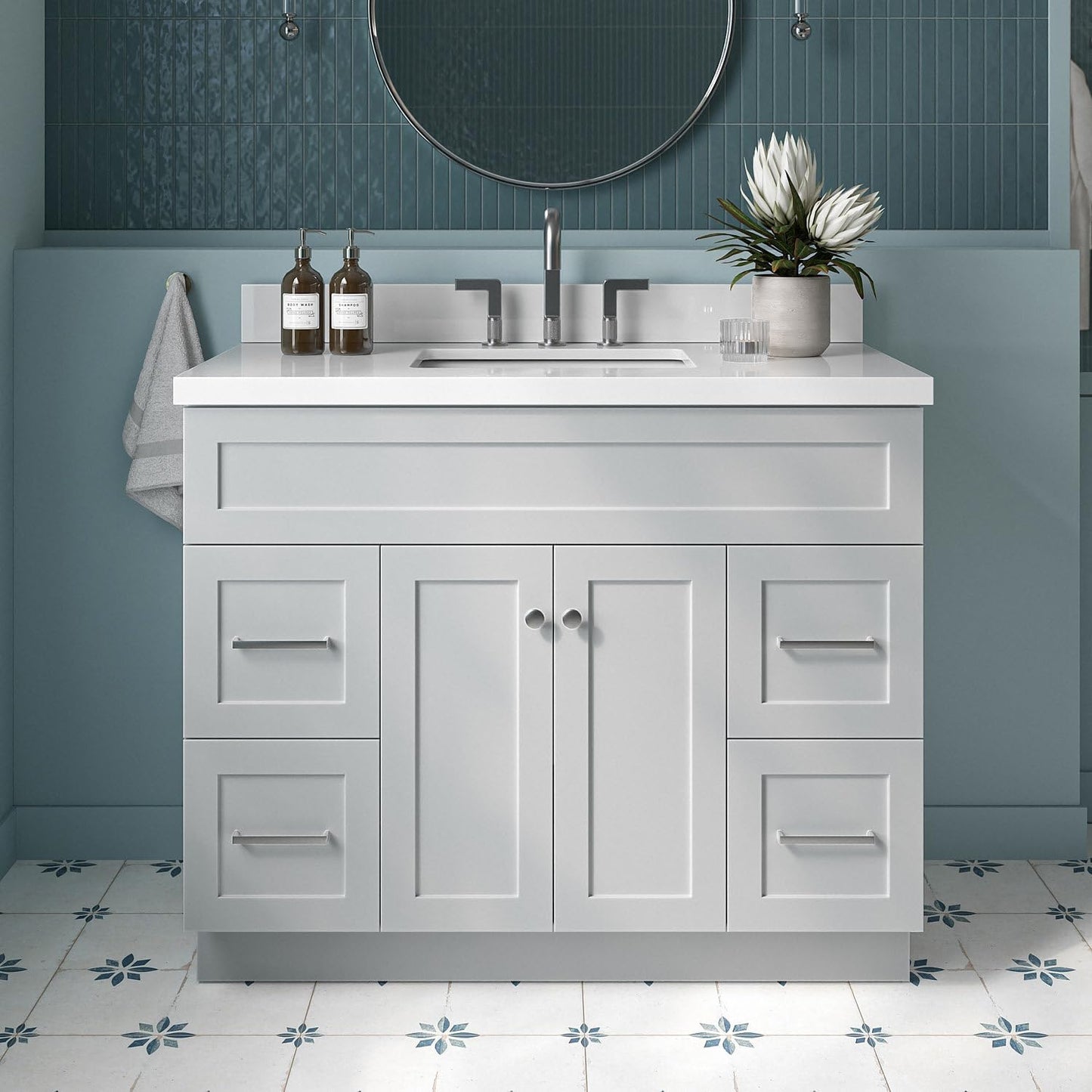 ARIEL Hamlet 43 Inch Single Sink Bathroom Vanity in White, 1.5" Edge Quartz Top, Solid Wood, Rectangular Sink, 2 Soft Closing Doors, 4 Full Extension Dovetail Drawers, Toe Kick