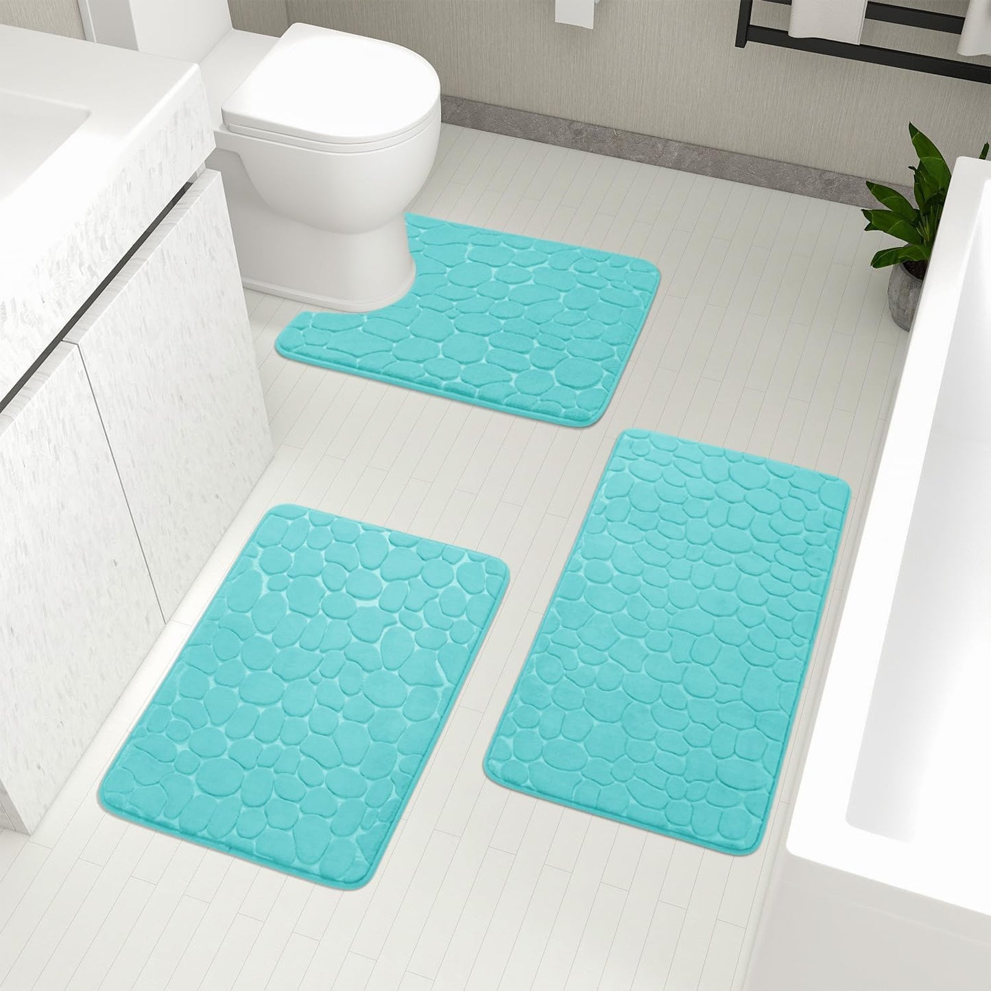 YIHOUSE Bathroom Rugs Set, 5 Piece Cobblestone Memory Foam Mats, Extra Thick Non Slip, Water Absorbent, Washable Teal Bath Rugs for Tub, Toilet and Floor