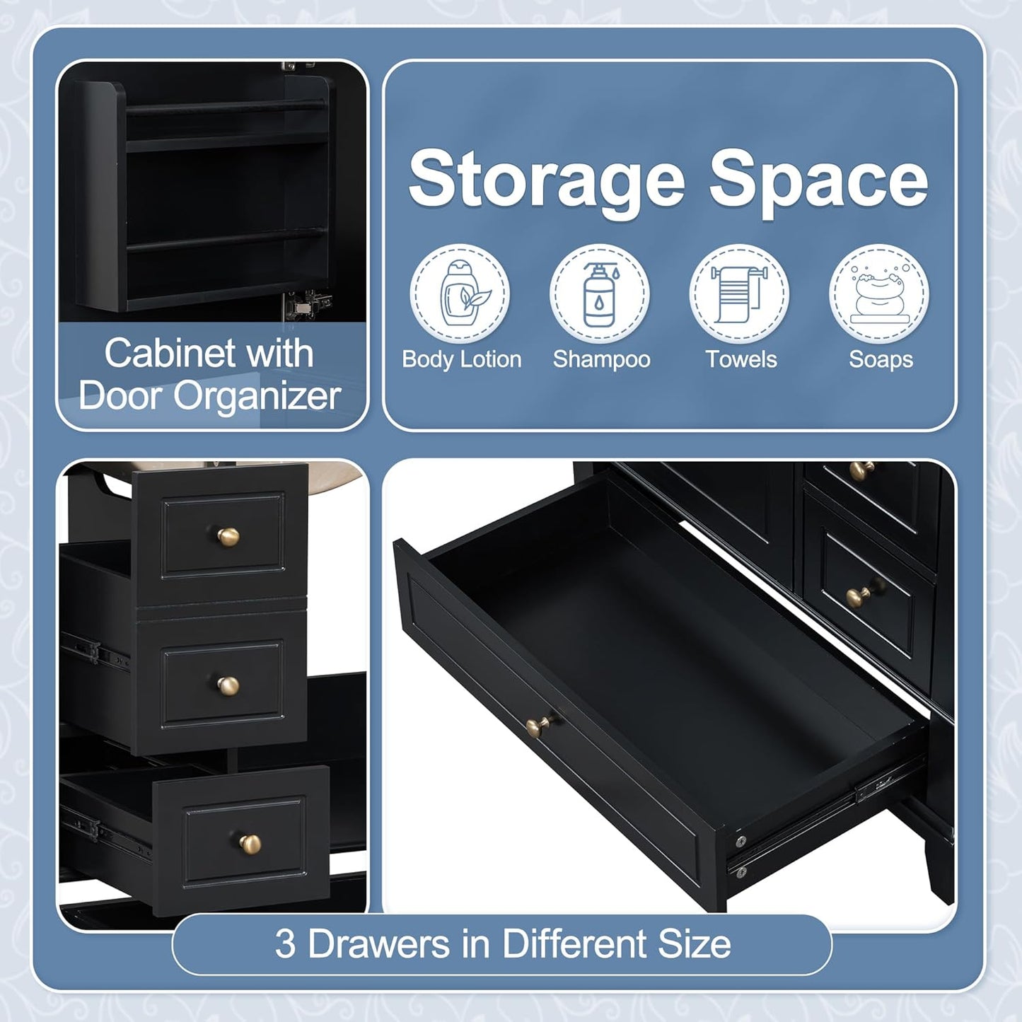 30" Bathroom Vanities with Ceramic Sink, Storage Cabinet with 3 Drawers and Door Shelf, Soft-Closing Door, Solid Wood Legs, Black