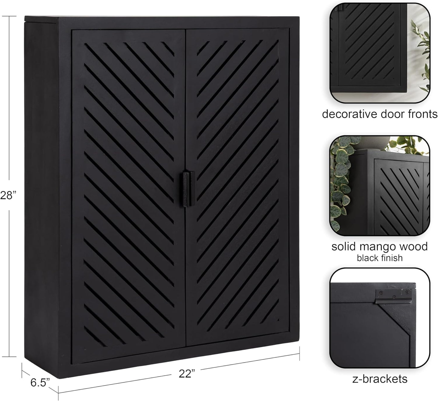 Kate and Laurel Mezzeta Decorative Modern Two-Door Floating Bathroom Cabinet; 22 x 7 x 28; Black; Decorative Over Toilet Storage Cabinet Made from Solid Mango Wood with Slatted Chevron Design