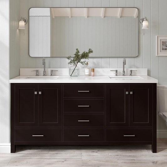 ARIEL Double Bathroom Vanity 73" Espresso with 1.5" Edge Pure White Quartz Countertop & Splash, Rectangular Sinks, 4 Soft Closing Doors, 6 Full Extension Dovetail Drawers, Brushed Nickel