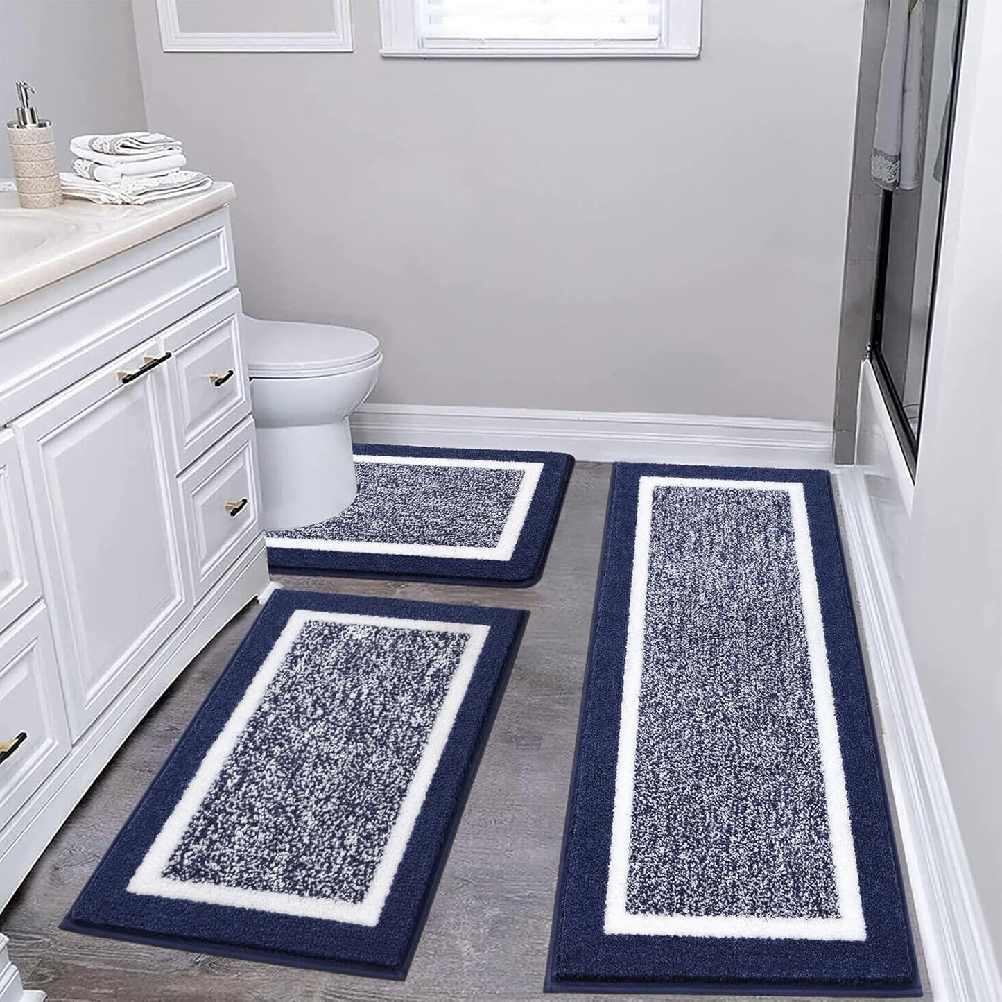 Pauwer 3 Pieces Bathroom Rugs Sets, Ultra Soft Non-Slip Mats, Microfiber Absorbent Bath Rugs with U-Shaped Toilet Rug for Bath Floor, Tub, Shower, Blue