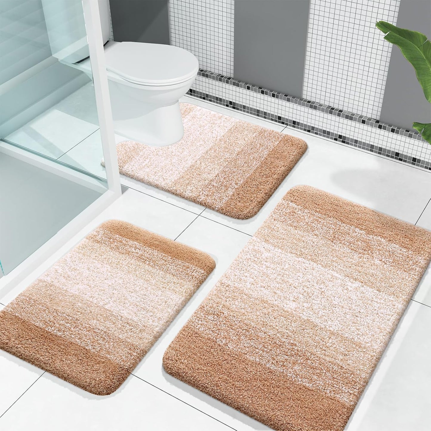 OLANLY Bathroom Rugs Sets 3 Piece, Soft Absorbent Microfiber Bath Mats and U-Shaped Contour Toilet Rug, Plush Shaggy Bath Mat Set for Bathroom (30"x20"+24"x16"+24"x20", Navy)