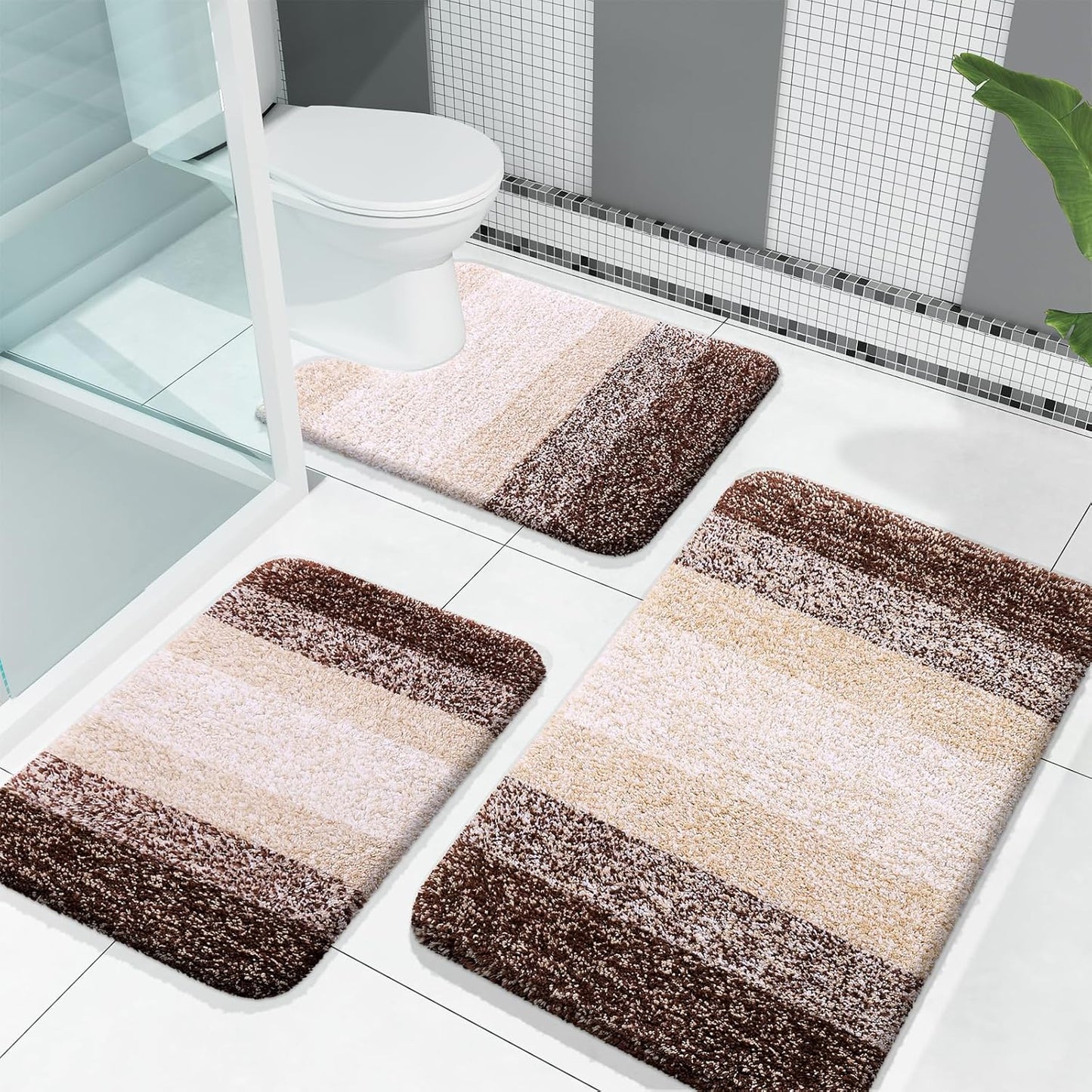OLANLY Bathroom Rugs Sets 3 Piece, Soft Absorbent Microfiber Bath Mats and U-Shaped Contour Toilet Rug, Plush Shaggy Bath Mat Set for Bathroom (30"x20"+24"x16"+24"x20", Navy)