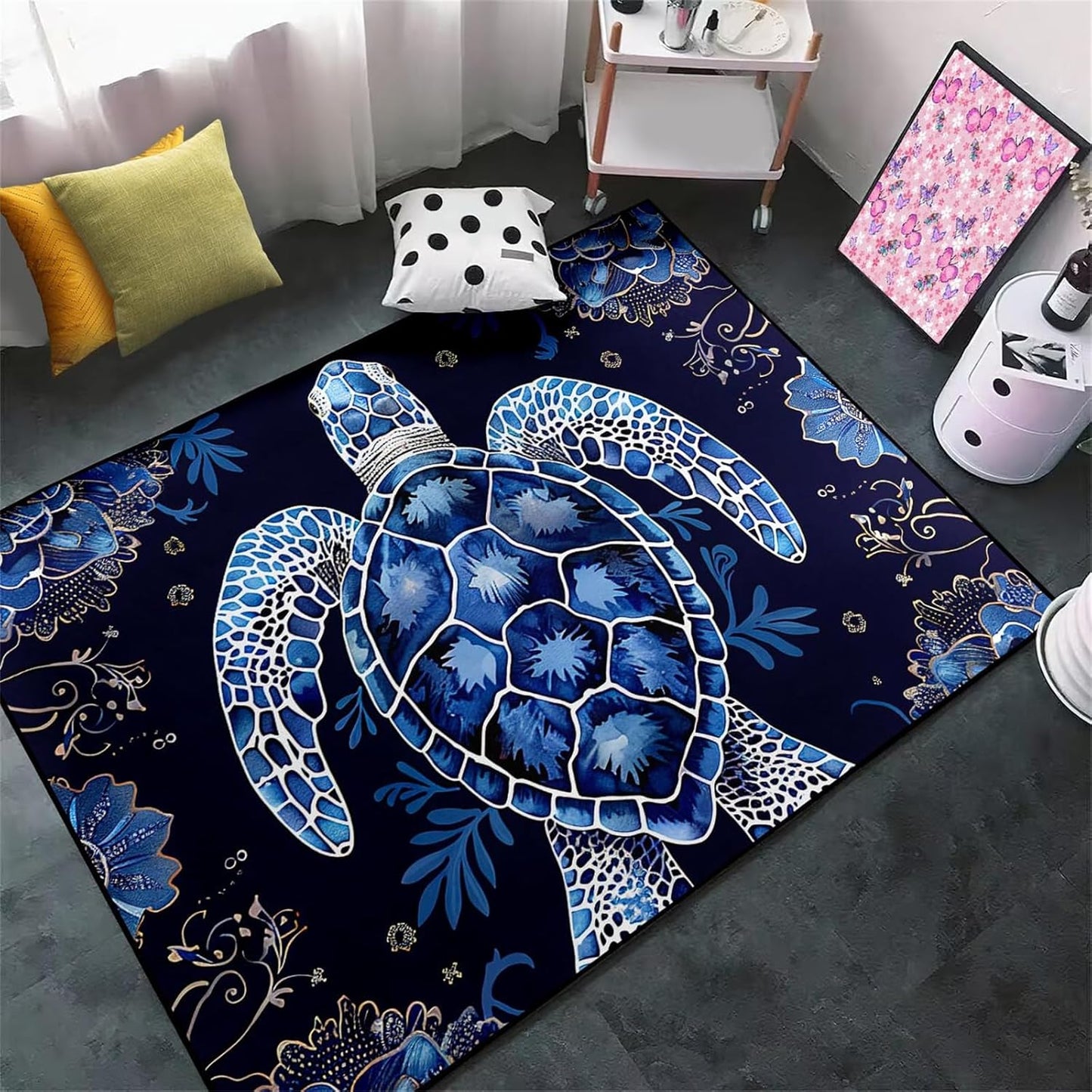 Sea Turtle Rug - Ocean Animal Theme Area Rug Blue Turtle Coral Printted Carpet Sea Animal Underwater Carpet Sea Turtle Mat for Kids Bedroom Living Room Decor,3'×5'