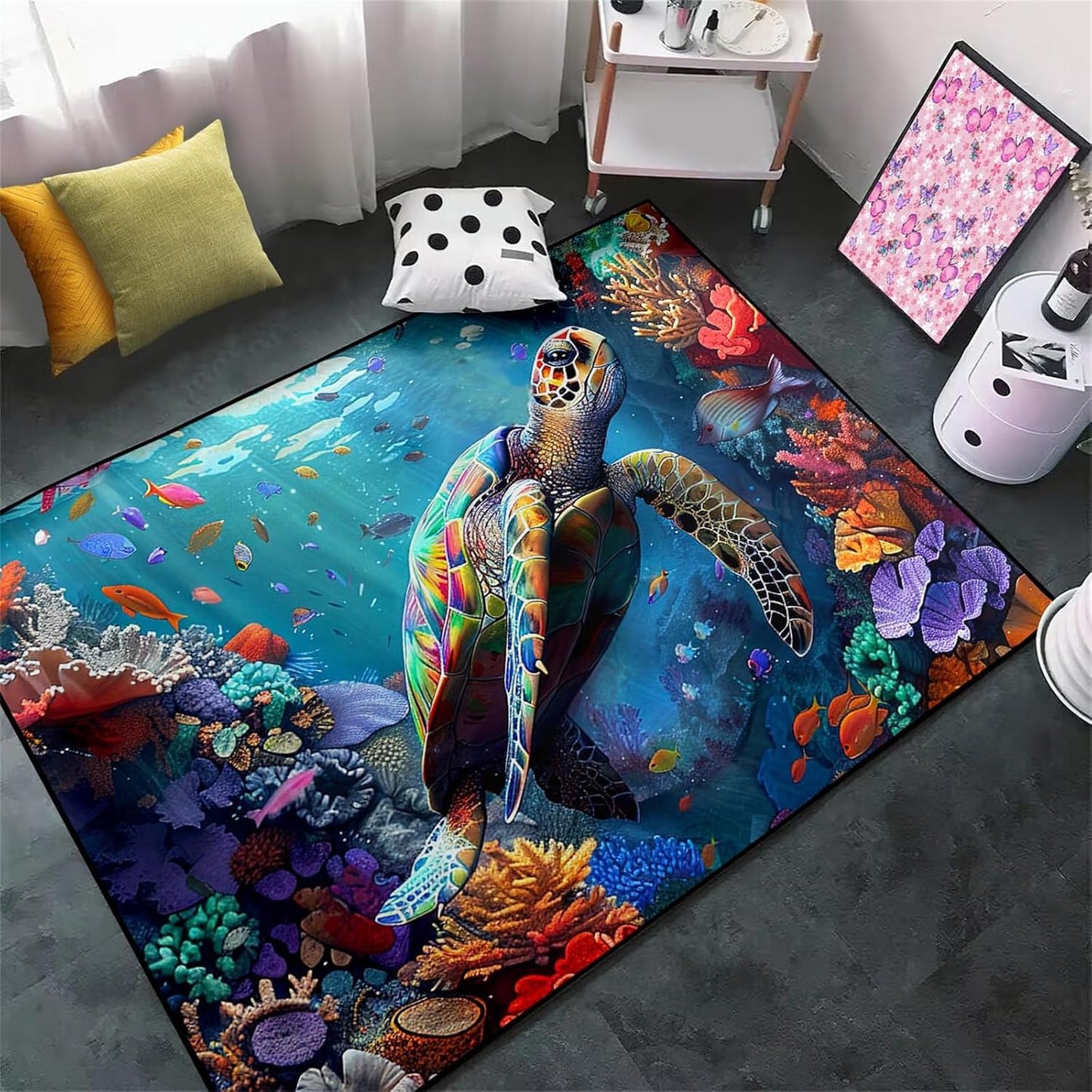 Sea Turtle Rug - Ocean Animal Theme Area Rug Blue Turtle Coral Printted Carpet Sea Animal Underwater Carpet Sea Turtle Mat for Kids Bedroom Living Room Decor,3'×5'