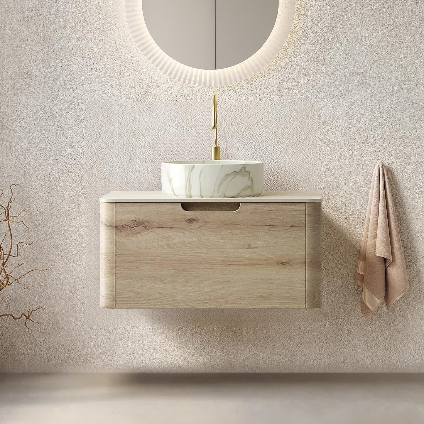 30 Inschs Bathroom Vanity with Sink, Modern Wall Mounted Bathroom with Soft Close Drawer, Stone Pattern Round Ceramic Basin and Solid Material Roma Travertine-Pattern Sintered Stone Top, Oak
