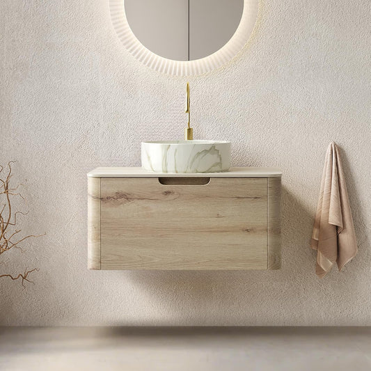 30 Inschs Bathroom Vanity with Sink, Modern Wall Mounted Bathroom with Soft Close Drawer, Stone Pattern Round Ceramic Basin and Solid Material Roma Travertine-Pattern Sintered Stone Top, Oak