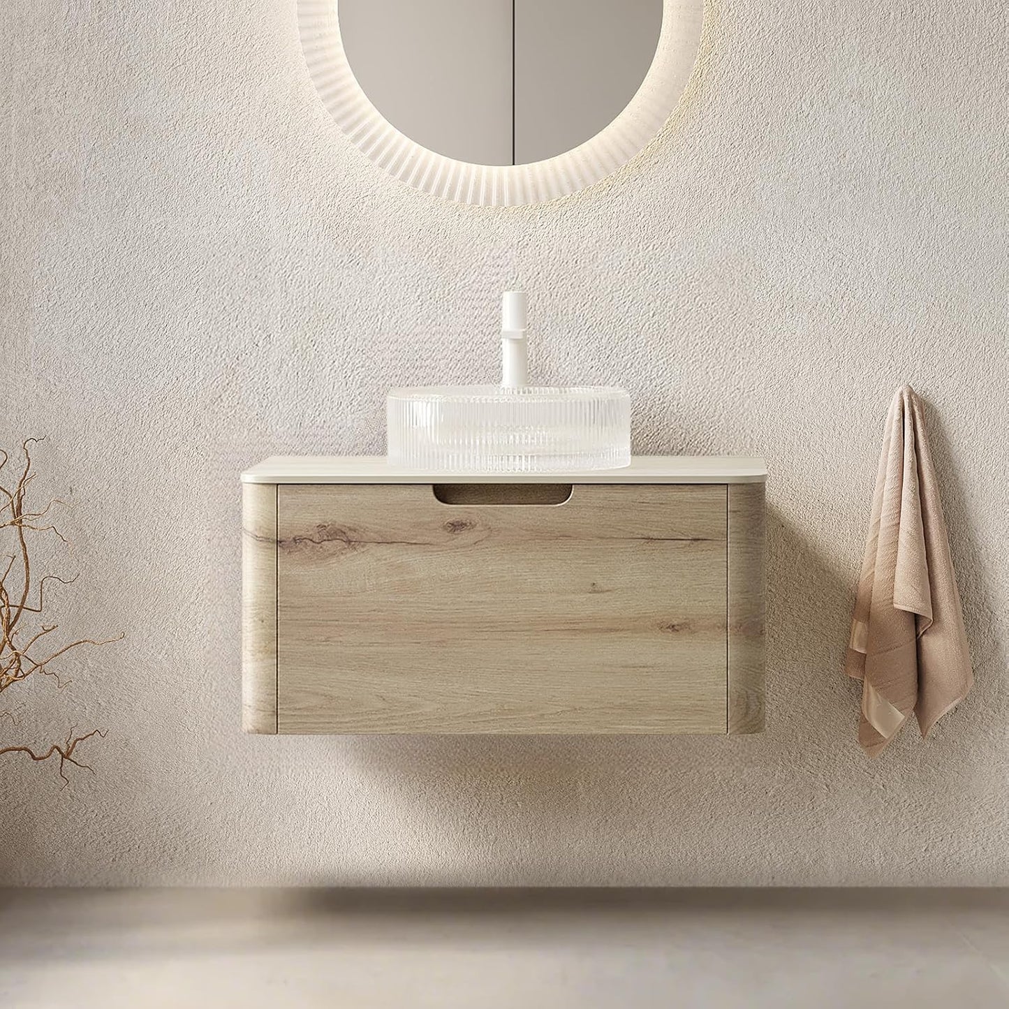 30 Inschs Bathroom Vanity with Sink, Modern Wall Mounted Bathroom with Soft Close Drawer, Stone Pattern Round Ceramic Basin and Solid Material Roma Travertine-Pattern Sintered Stone Top, Oak