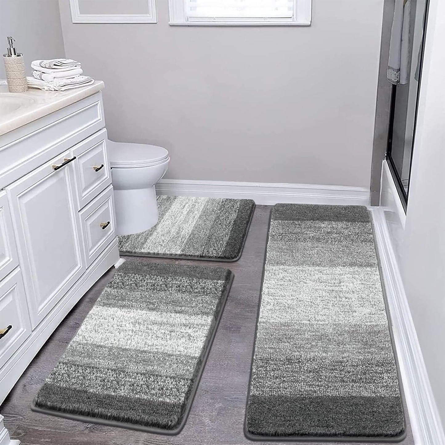 Pauwer 3 Piece Bath Mat Set Bathroom Rugs, Non Slip Plush Bathroom Mats, Absorbent Shaggy Bathroom Rug Set with U-Shaped Contour Toilet Mat for Bedroom Living Room, Navy Blue