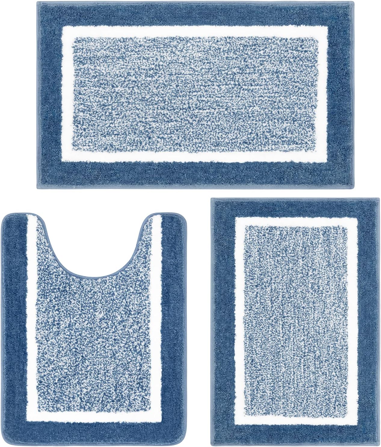 Pauwer 3 Pieces Bathroom Rugs Sets, Ultra Soft Non-Slip Mats, Microfiber Absorbent Bath Rugs with U-Shaped Toilet Rug for Bath Floor, Tub, Shower, Blue