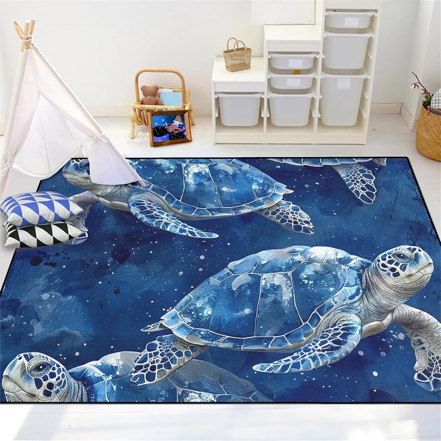 Sea Turtle Rug - Ocean Animal Theme Area Rug Blue Turtle Coral Printted Carpet Sea Animal Underwater Carpet Sea Turtle Mat for Kids Bedroom Living Room Decor,3'×5'