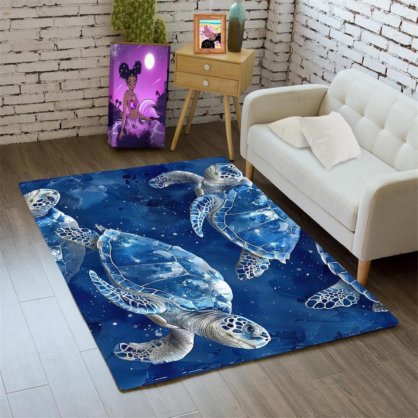 Sea Turtle Rug - Ocean Animal Theme Area Rug Blue Turtle Coral Printted Carpet Sea Animal Underwater Carpet Sea Turtle Mat for Kids Bedroom Living Room Decor,3'×5'