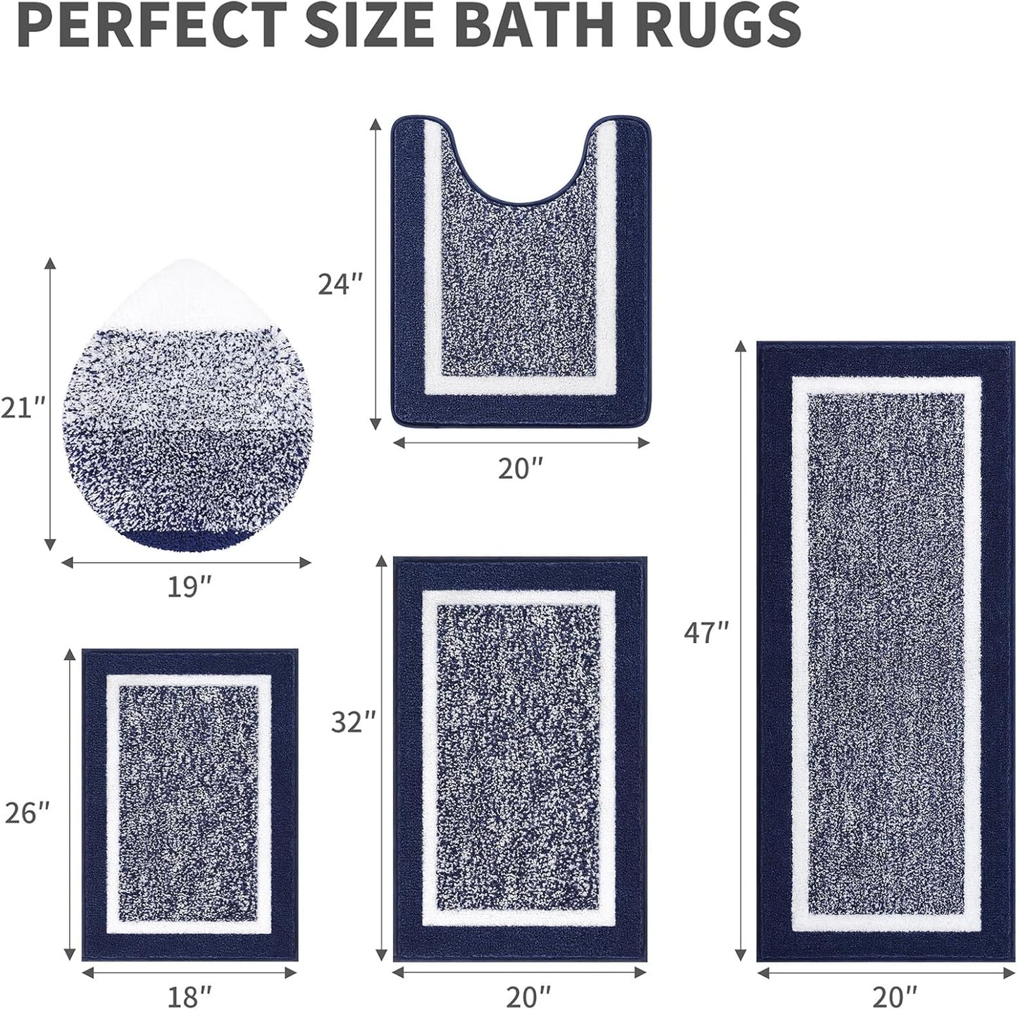 Pauwer Bathroom Rugs Set 5 Piece, Plush Absorbent Microfiber Bath Mats for Bathroom, Non Slip Washable Bath Rug Set with U Shaped Contour Toilet Rugs, Shower Rug and Toilet Lid Cover, Navy Blue
