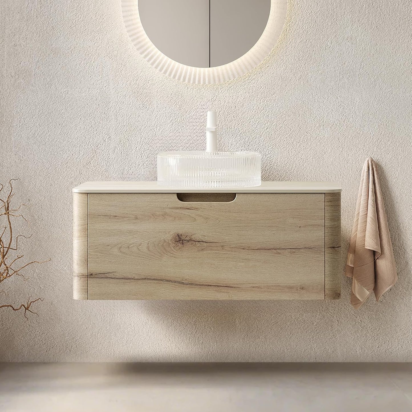 30 Inschs Bathroom Vanity with Sink, Modern Wall Mounted Bathroom with Soft Close Drawer, Stone Pattern Round Ceramic Basin and Solid Material Roma Travertine-Pattern Sintered Stone Top, Oak