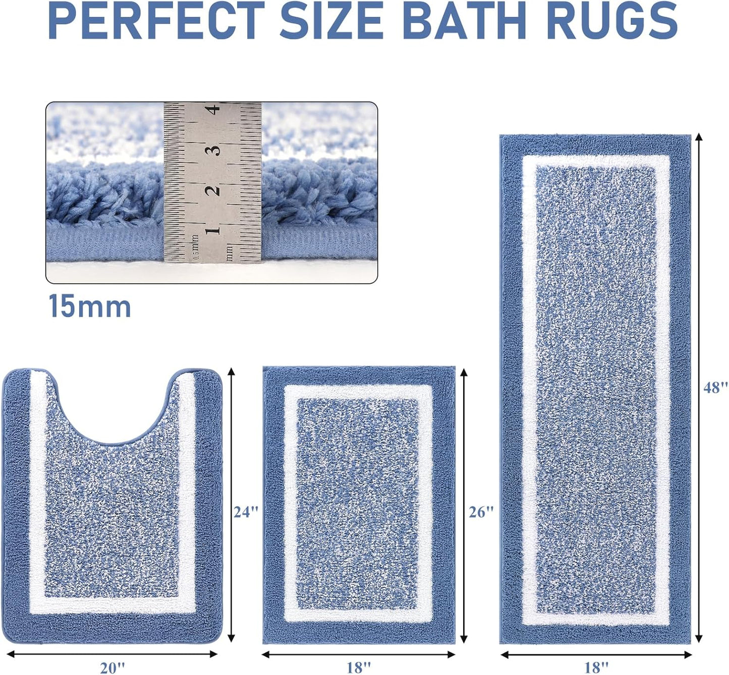 Pauwer 3 Pieces Bathroom Rugs Sets, Ultra Soft Non-Slip Mats, Microfiber Absorbent Bath Rugs with U-Shaped Toilet Rug for Bath Floor, Tub, Shower, Blue