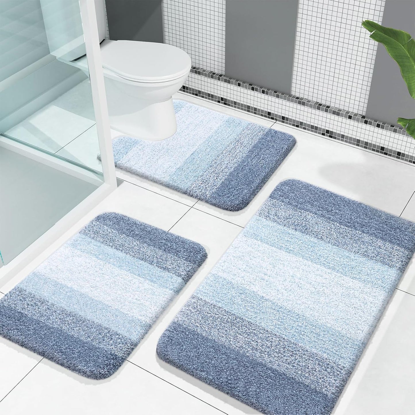 OLANLY Bathroom Rugs Sets 3 Piece, Soft Absorbent Microfiber Bath Mats and U-Shaped Contour Toilet Rug, Plush Shaggy Bath Mat Set for Bathroom (30"x20"+24"x16"+24"x20", Navy)