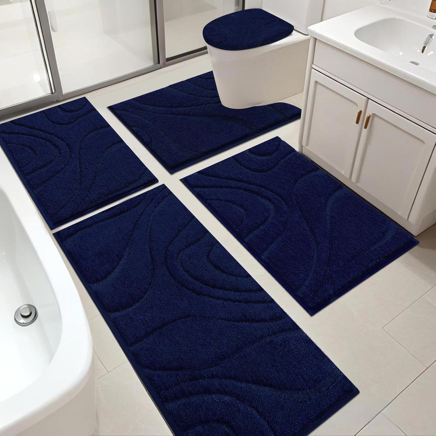 HEBE Bathroom Rugs Sets 5 Piece, Soft Absorbent Microfiber Bath Mat for Bathroom, Non Slip Washable Bath Rug Set with Toilet Cover, Bath Runner and U-Shaped Contour Toilet Rug, Coffee