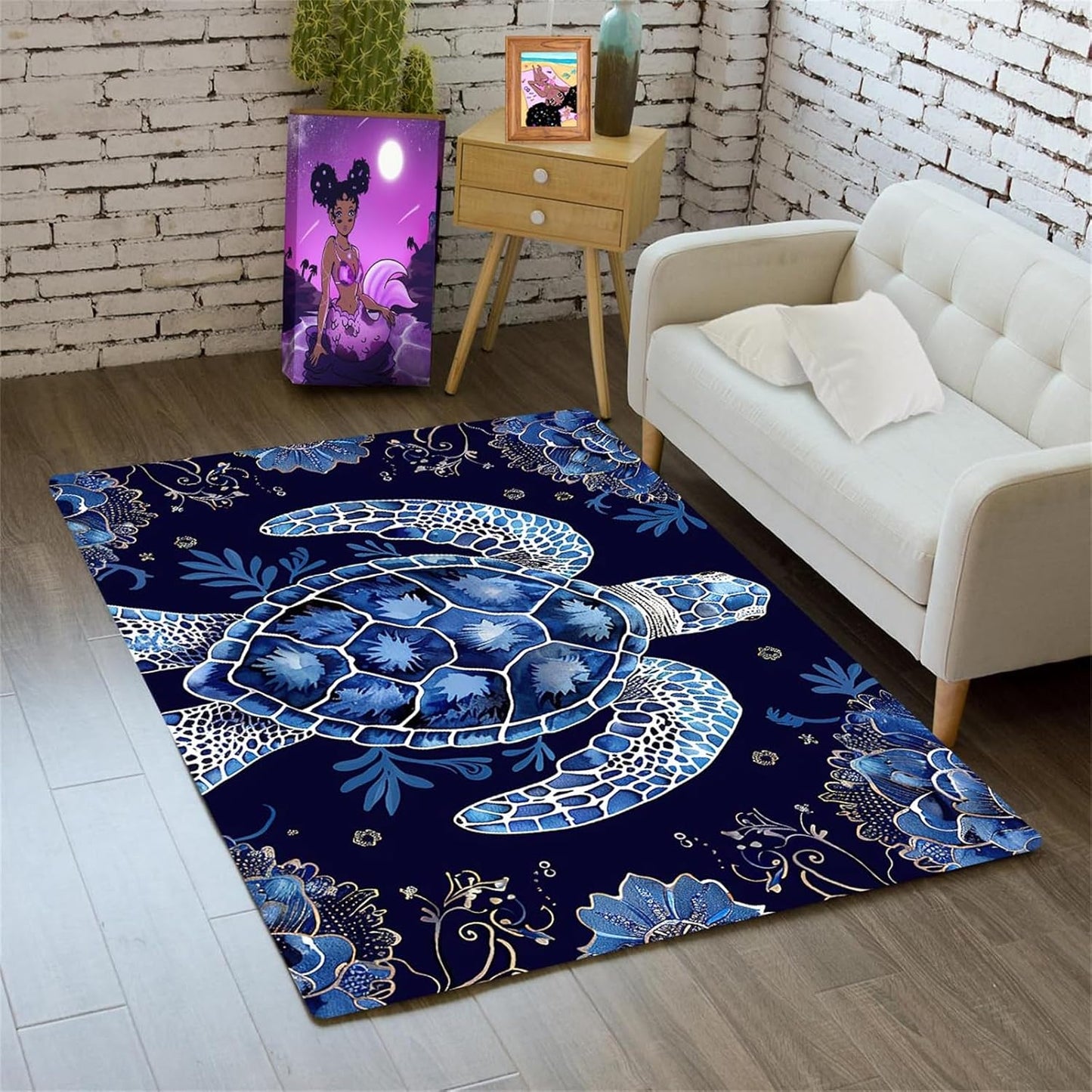 Sea Turtle Rug - Ocean Animal Theme Area Rug Blue Turtle Coral Printted Carpet Sea Animal Underwater Carpet Sea Turtle Mat for Kids Bedroom Living Room Decor,3'×5'